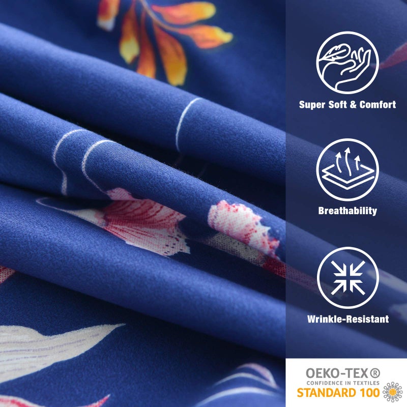 JSD Navy Blue Floral Printed King Sheet Set, 6 Piece Botanical Pattern Microfiber Sheets Extra Deep Pocket - Image 4